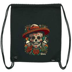Sac à dos en toile recyclée noir Dia de los muertos (Santa Muerte,Têtes de morts)