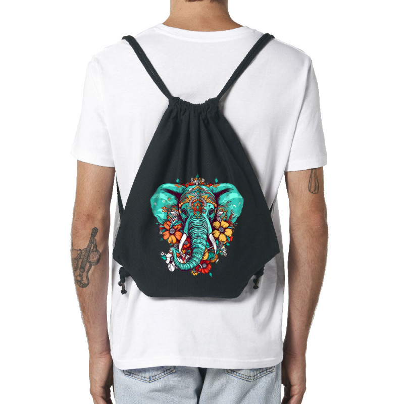 Sac à dos en toile recyclée noir Elephant flowers (Animaux,Ethnique)