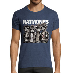 T-shirt homme fit bleu denim chiné Ratmones (Ramones) (Animaux,Détournements,Gondrax)