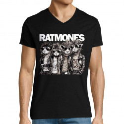 T-shirt homme col V noir Ratmones (Ramones) (Animaux,Détournements,Gondrax)