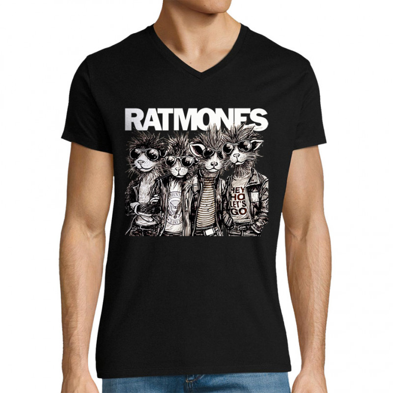 T-shirt homme col V noir Ratmones (Ramones) (Animaux,Détournements,Gondrax)