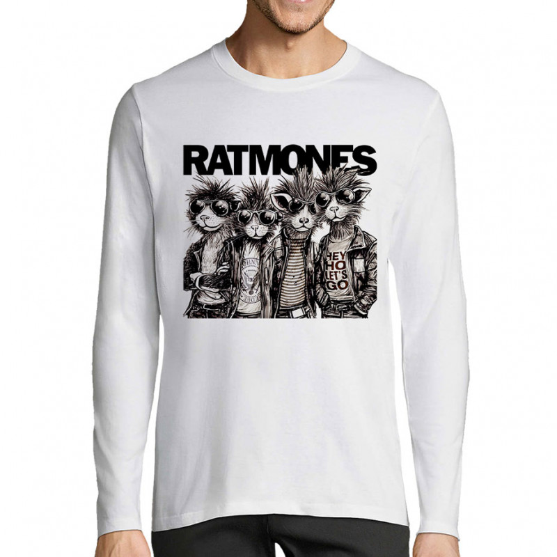 T-shirt homme manches longues blanc Ratmones (Ramones) (Animaux,Détournements,Gondrax)