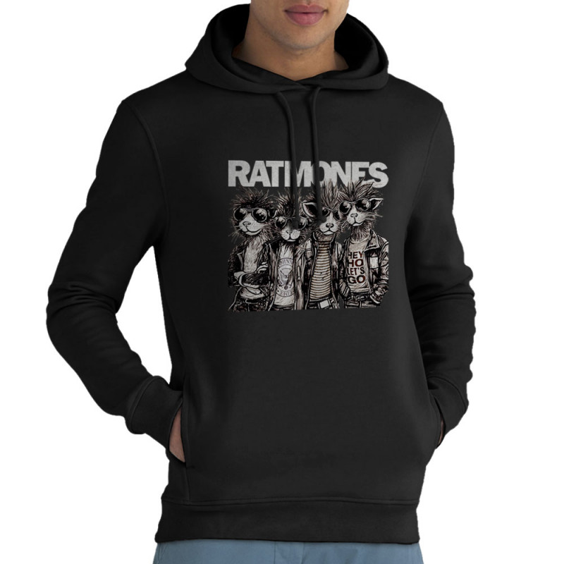 Sweat homme à capuche coton bio noir Ratmones (Ramones) (Animaux,Détournements,Gondrax)