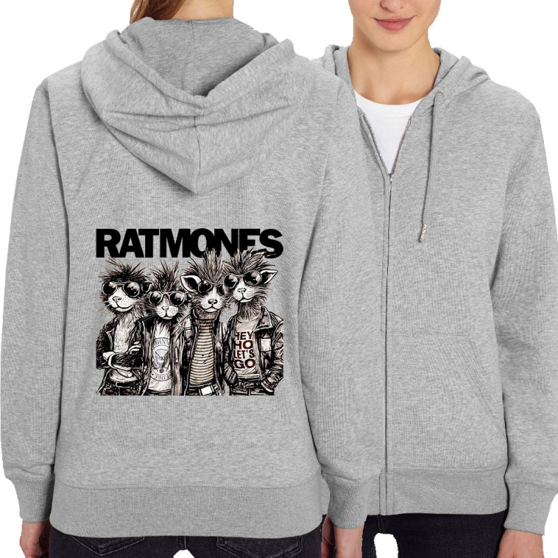 Sweat femme zippé à capuche coton bio gris chiné Ratmones (Ramones) (Animaux,Détournements,Gondrax)