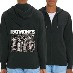 Sweat femme zippé à capuche coton bio noir Ratmones (Ramones) (Animaux,Détournements,Gondrax)