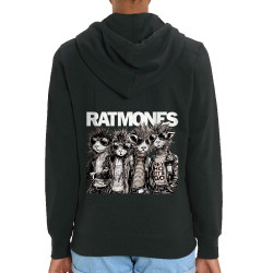 Sweat femme zippé à capuche coton bio noir Ratmones (Ramones) (Animaux,Détournements,Gondrax)