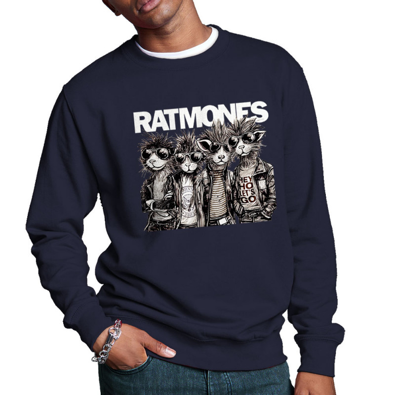 Sweat homme col rond bleu marine Ratmones (Ramones) (Animaux,Détournements,Gondrax)