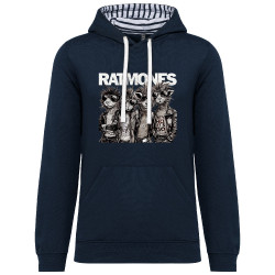 Sweat capuche à motifs unisexe bleu marine et marinière Ratmones (Ramones) (Animaux,Détournements,Gondrax)