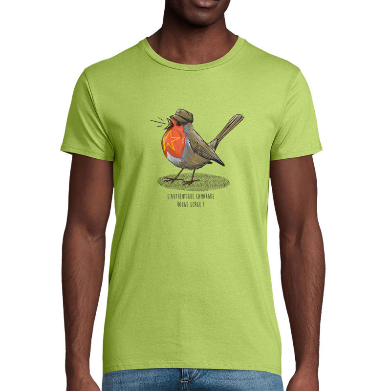 T-shirt homme coton bio vert pomme Camarade Rouge Gorge (Mr Mouton,Animaux,Humour)