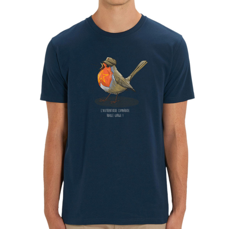 T-shirt homme coton bio bleu marine Camarade Rouge Gorge (Mr Mouton,Animaux,Humour)