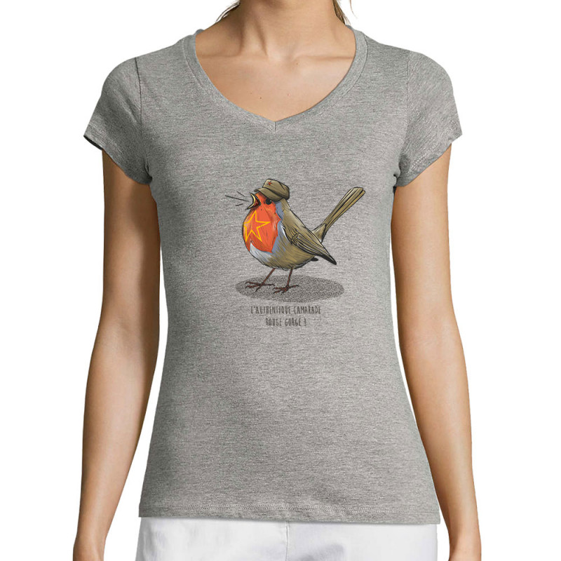 T-shirt femme col V gris chiné Camarade Rouge Gorge (Mr Mouton,Animaux,Humour)