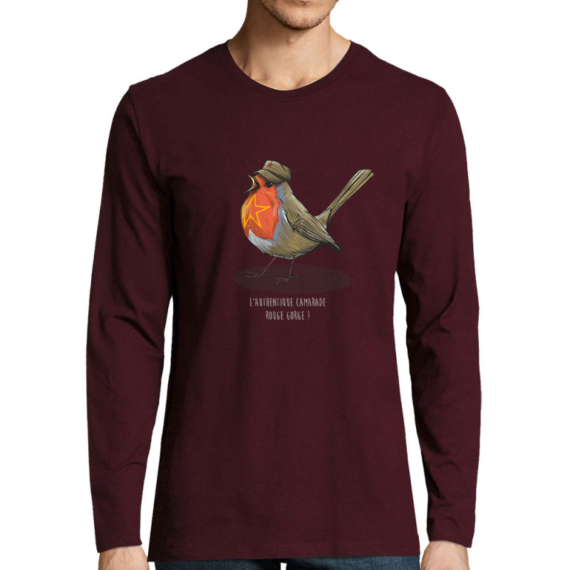 T-shirt homme manches longues bordeaux Camarade Rouge Gorge (Mr Mouton,Animaux,Humour)