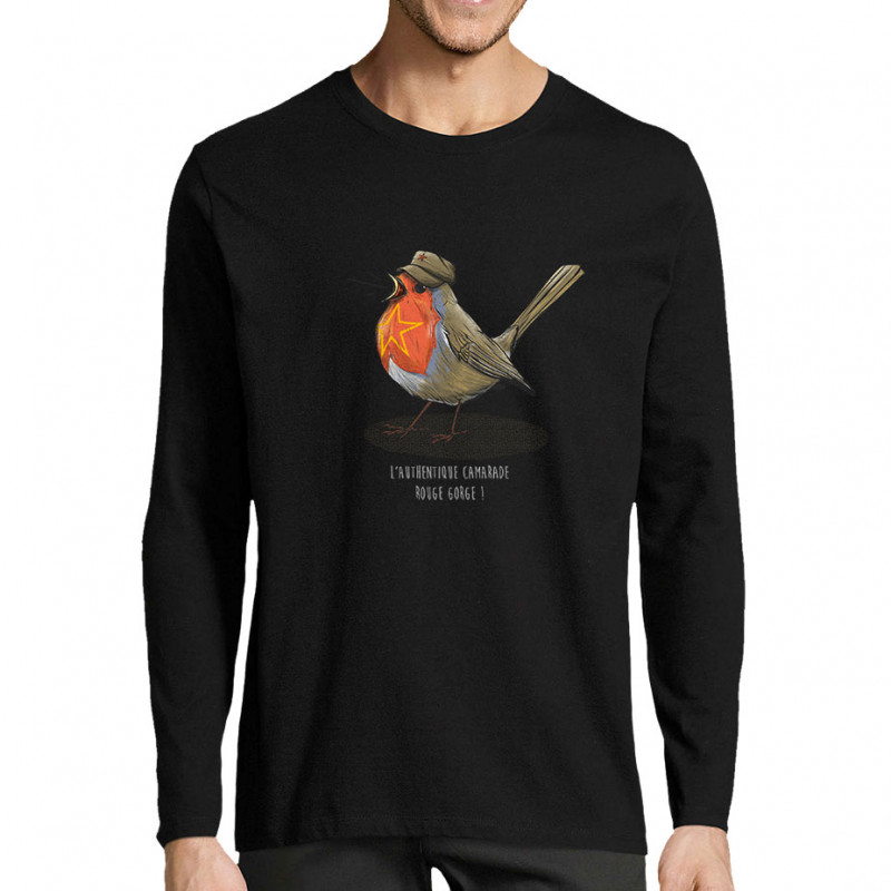 T-shirt homme manches longues noir Camarade Rouge Gorge (Mr Mouton,Animaux,Humour)