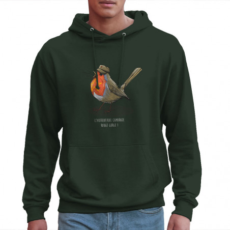Sweat homme à capuche vert foncé Camarade Rouge Gorge (Mr Mouton,Animaux,Humour)
