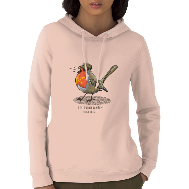 Sweat femme à capuche coton bio rose clair Camarade Rouge Gorge (Mr Mouton,Animaux,Humour)