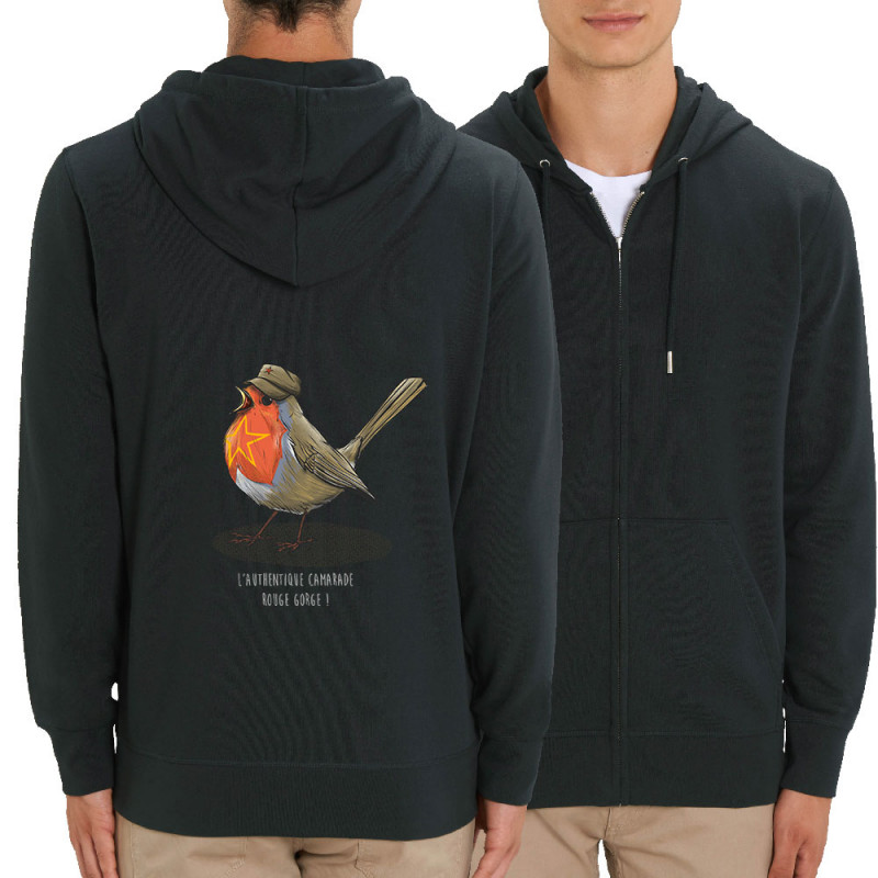 Sweat homme zippé à capuche coton bio noir Camarade Rouge Gorge (Mr Mouton,Animaux,Humour)