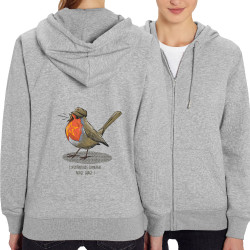 Sweat femme zippé à capuche coton bio gris chiné Camarade Rouge Gorge (Mr Mouton,Animaux,Humour)