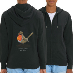 Sweat femme zippé à capuche coton bio noir Camarade Rouge Gorge (Mr Mouton,Animaux,Humour)