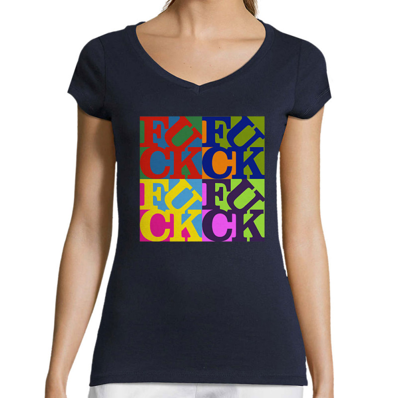 T-shirt femme col V bleu marine Fuck (Love) Warhol (Gondrax,Slogans Débiles,Musée)