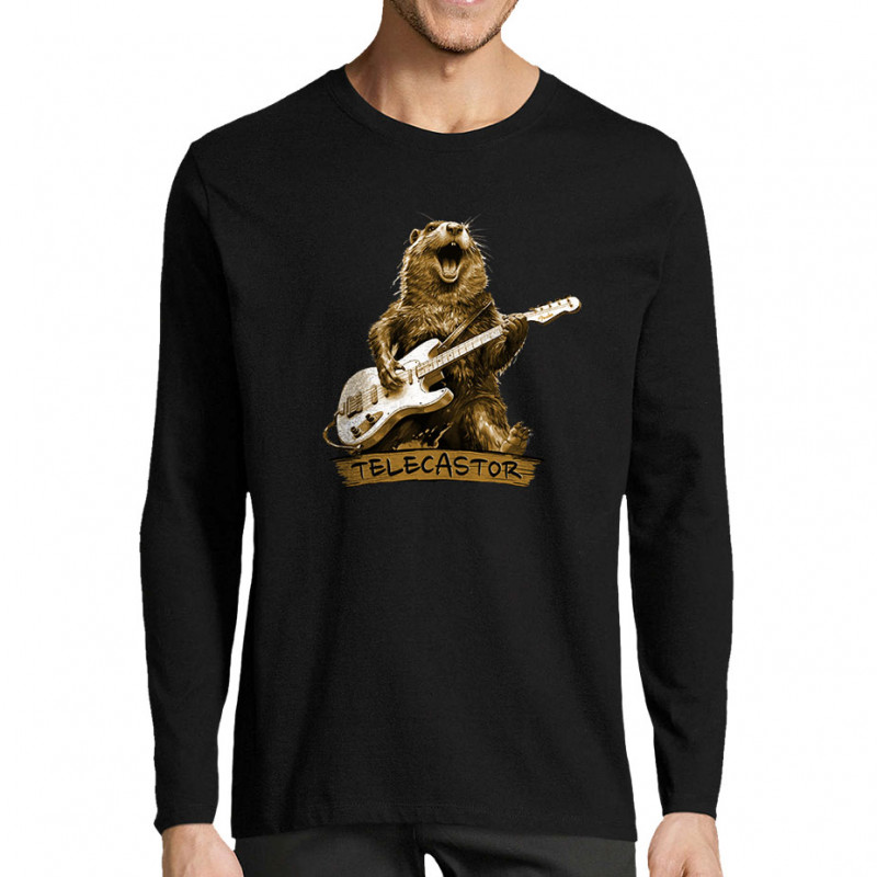 T-shirt homme manches longues noir Telecastor (Gondrax,Animaux,Humour)