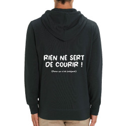 Sweat homme zippé à capuche coton bio noir Rien ne sert de courir (Gondrax,Humour,Slogans Débiles,Paresse)