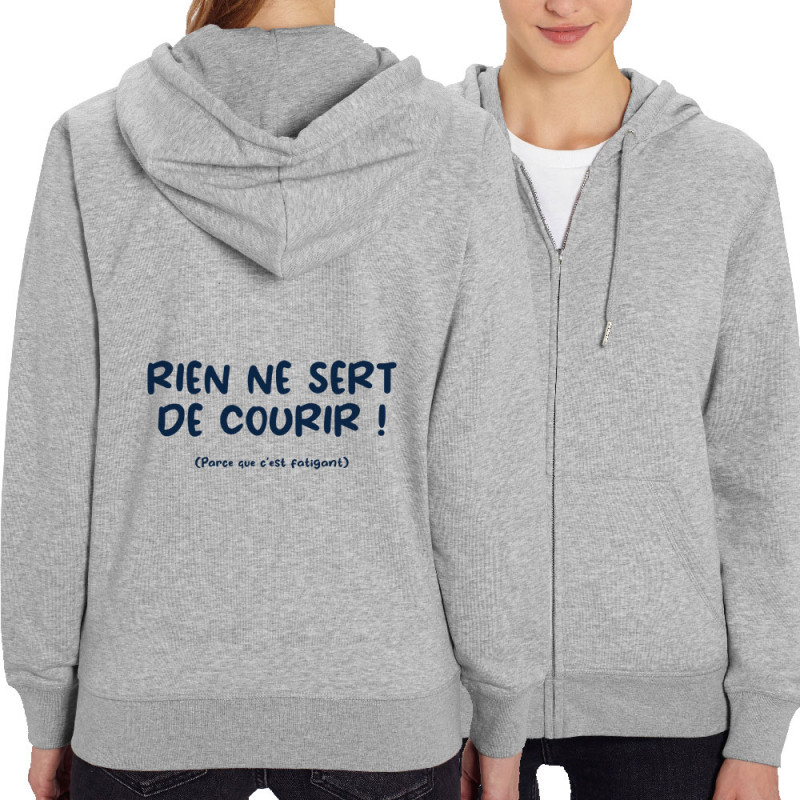 Sweat femme zippé à capuche coton bio gris chiné Rien ne sert de courir (Gondrax,Humour,Slogans Débiles,Paresse)