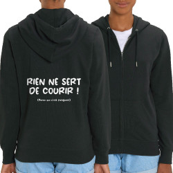 Sweat femme zippé à capuche coton bio noir Rien ne sert de courir (Gondrax,Humour,Slogans Débiles,Paresse)