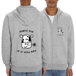 Sweat homme zippé à capuche coton bio gris chiné Parce que je le veau bien (Gondrax,Animaux,Humour)