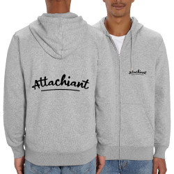 Sweat homme zippé à capuche coton bio gris chiné Attachiant (Gondrax,Humour)