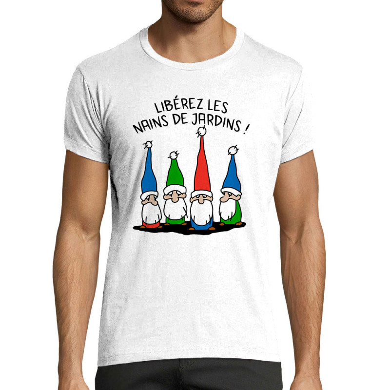 T-shirt homme fit blanc Libérez les nains de jardin (Gondrax,Humour,Slogans Débiles)