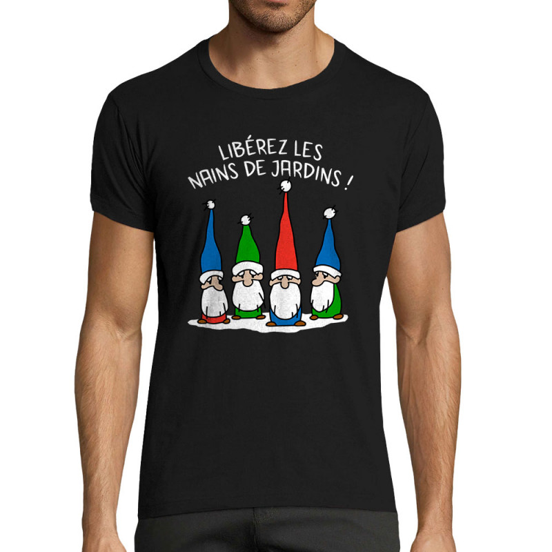T-shirt homme fit noir Libérez les nains de jardin (Gondrax,Humour,Slogans Débiles)