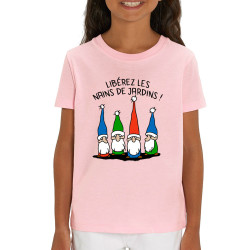 T-shirt enfant coton bio rose clair Libérez les nains de jardin (Gondrax,Humour,Slogans Débiles)