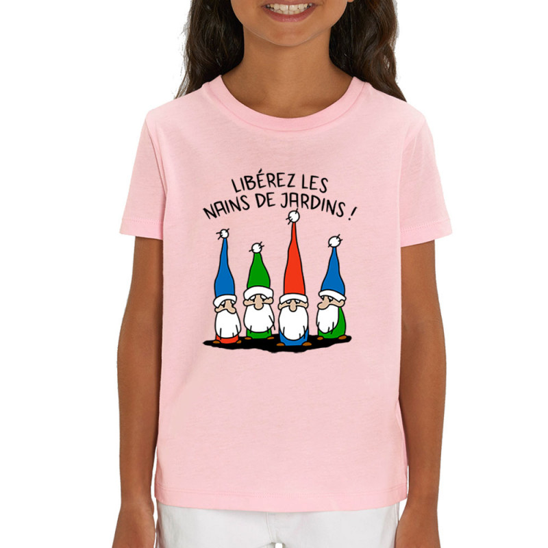 T-shirt enfant coton bio rose clair Libérez les nains de jardin (Gondrax,Humour,Slogans Débiles)