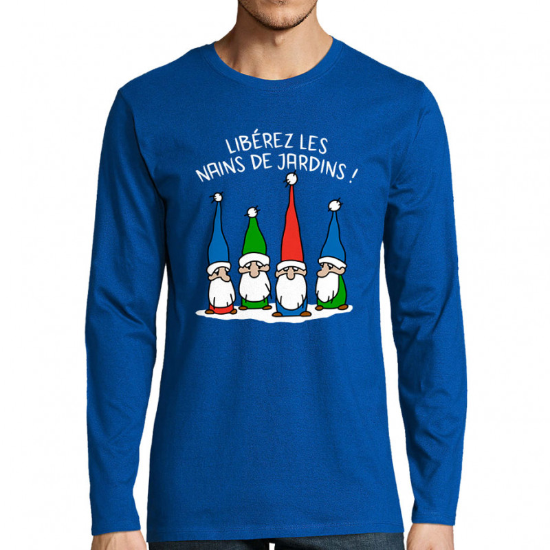 T-shirt homme manches longues bleu royal Libérez les nains de jardin (Gondrax,Humour,Slogans Débiles)