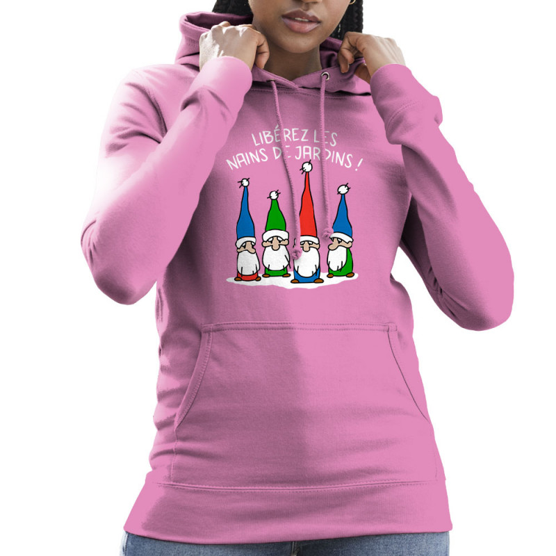 Sweat femme à capuche rose Libérez les nains de jardin (Gondrax,Humour,Slogans Débiles)