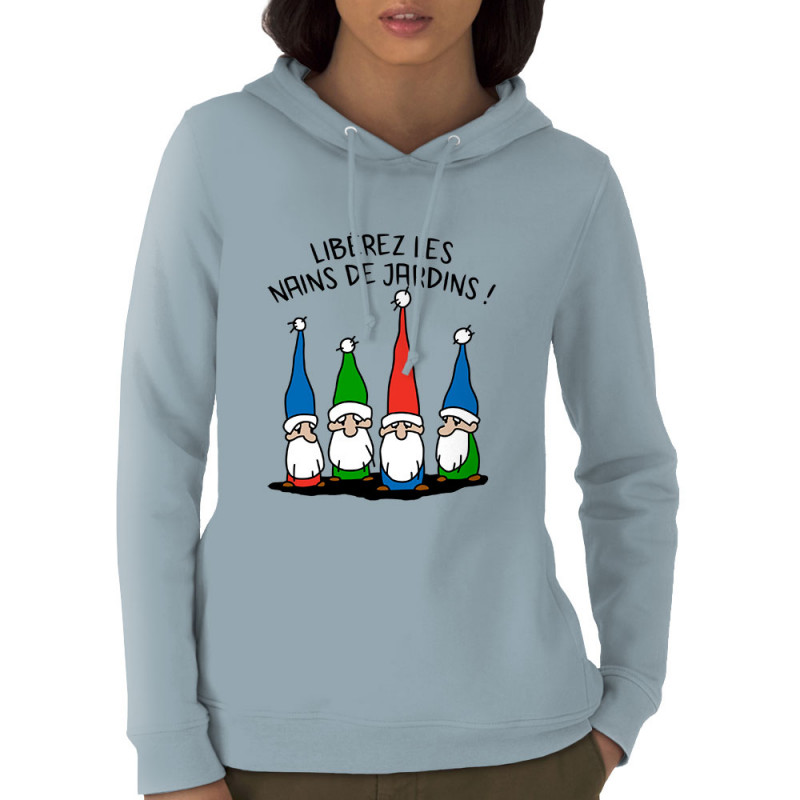 Sweat femme à capuche coton bio bleu ciel Libérez les nains de jardin (Gondrax,Humour,Slogans Débiles)