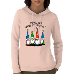 Sweat femme à capuche coton bio rose clair Libérez les nains de jardin (Gondrax,Humour,Slogans Débiles)