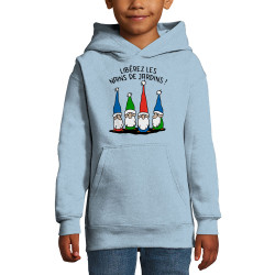 Sweat enfant à capuche bleu ciel Libérez les nains de jardin (Gondrax,Humour,Slogans Débiles)