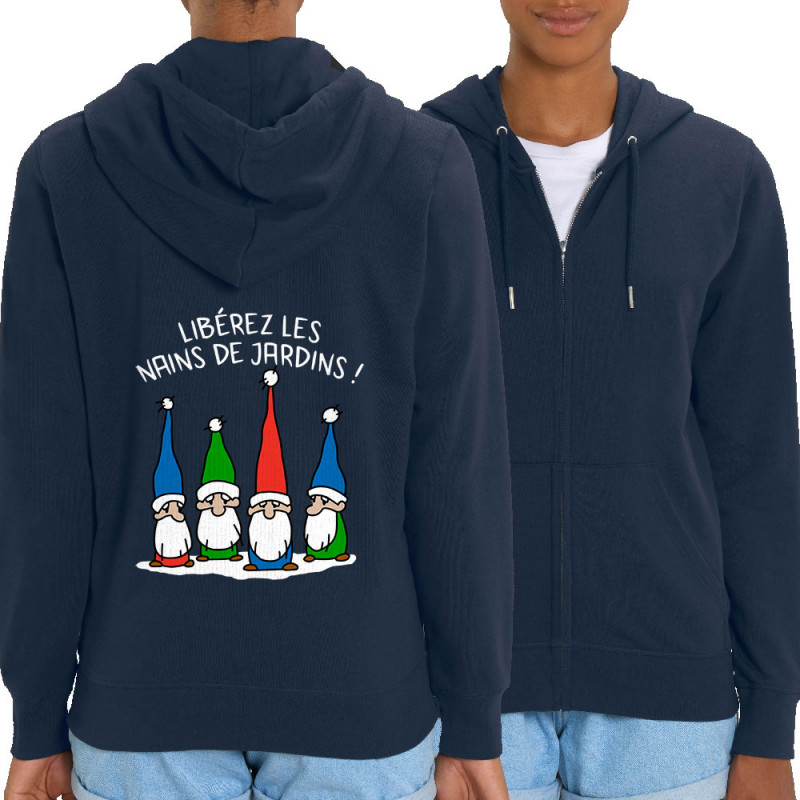 Sweat femme zippé à capuche coton bio bleu marine Libérez les nains de jardin (Gondrax,Humour,Slogans Débiles)