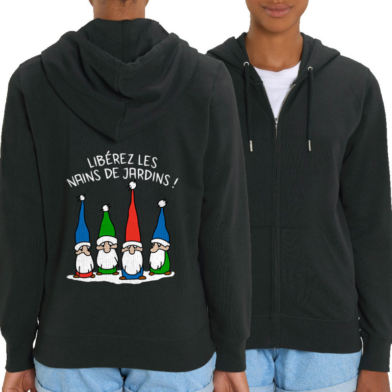 Sweat femme zippé à capuche coton bio noir Libérez les nains de jardin (Gondrax,Humour,Slogans Débiles)