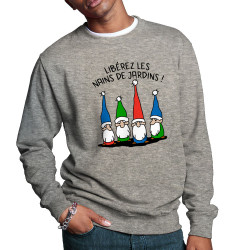 Sweat homme col rond gris chiné Libérez les nains de jardin (Gondrax,Humour,Slogans Débiles)