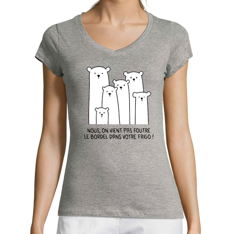 T-shirt femme col V gris chiné Le bordel dans votre frigo (Gondrax,Animaux,Ecologie,Humour)
