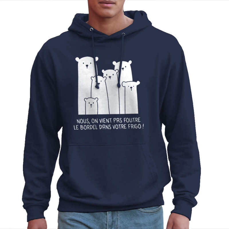 Sweat homme à capuche bleu marine Le bordel dans votre frigo (Gondrax,Animaux,Ecologie,Humour)