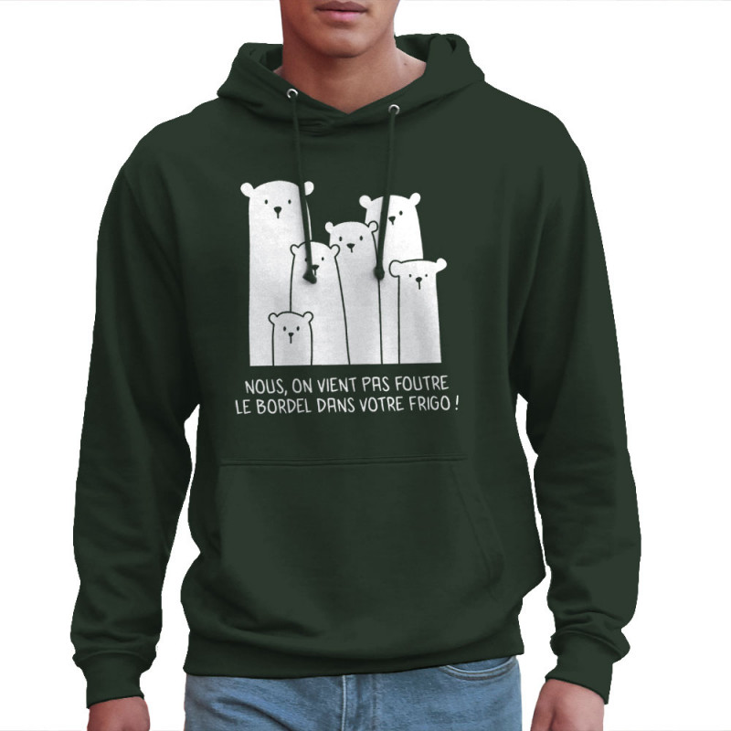 Sweat homme à capuche vert foncé Le bordel dans votre frigo (Gondrax,Animaux,Ecologie,Humour)