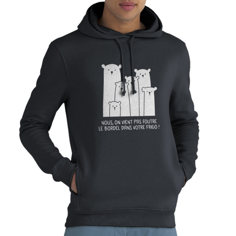 Sweat homme à capuche coton bio gris anthracite Le bordel dans votre frigo (Gondrax,Animaux,Ecologie,Humour)