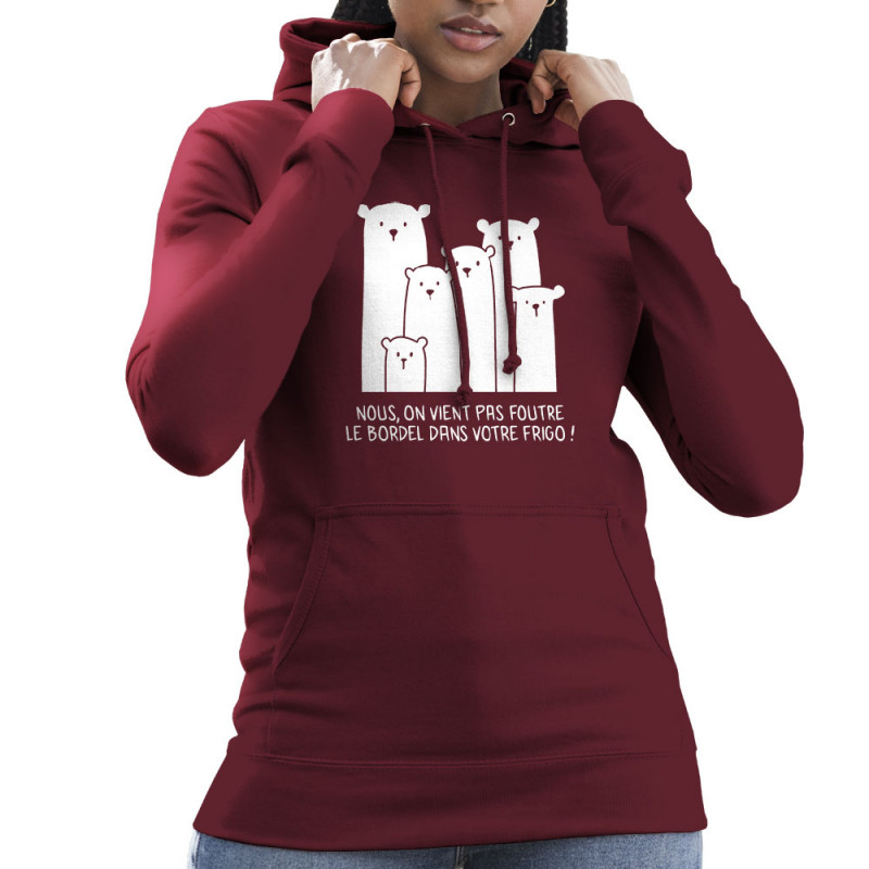 Sweat femme à capuche bordeaux Le bordel dans votre frigo (Gondrax,Animaux,Ecologie,Humour)