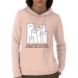 Sweat femme à capuche coton bio rose clair Le bordel dans votre frigo (Gondrax,Animaux,Ecologie,Humour)