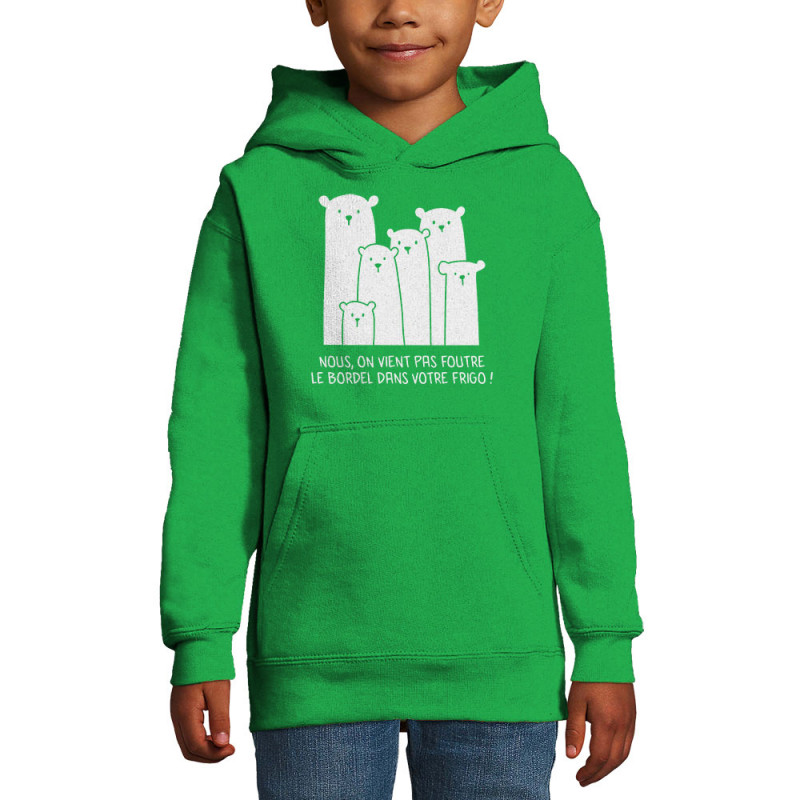 Sweat enfant à capuche vert prairie Le bordel dans votre frigo (Gondrax,Animaux,Ecologie,Humour)