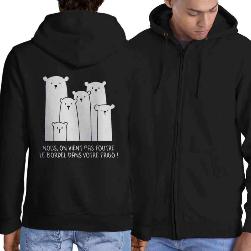 Sweat homme à capuche zippé noir Le bordel dans votre frigo (Gondrax,Animaux,Ecologie,Humour)