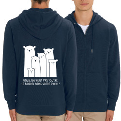 Sweat homme zippé à capuche coton bio bleu marine Le bordel dans votre frigo (Gondrax,Animaux,Ecologie,Humour)